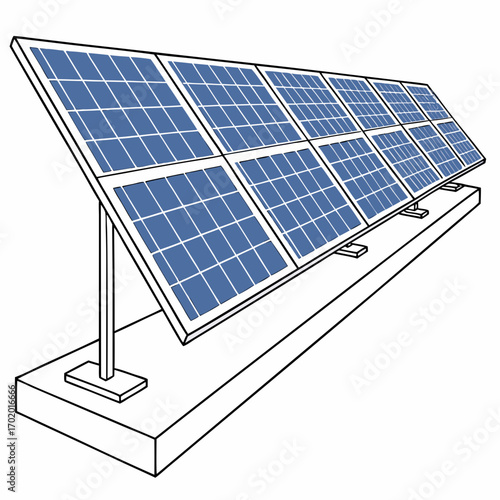 Illustration of a solar panel array, a sustainable energy source, the panels are angled to capture sunlight, providing clean electricity for the future