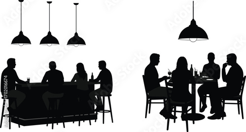 Silhouette of people sitting at bar counter and restaurant table, drinking, social gathering, friends conversation, nightlife scene, dining vector illustration