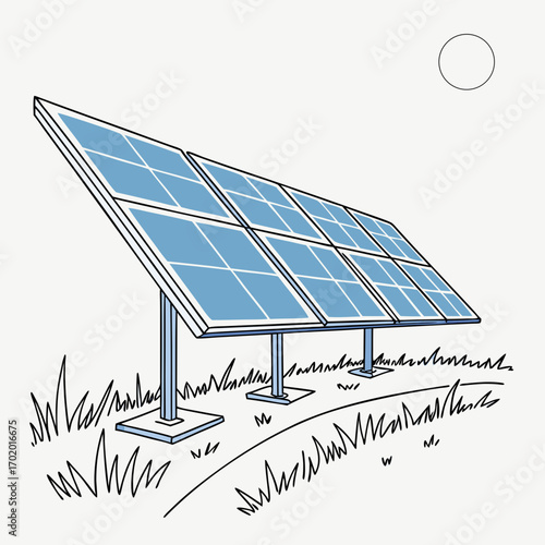 Vector art of solar panel on a grassy field under a sunny sky, showcasing sustainable energy in a clean, minimalist line art style illustrating ecofriendly power generation