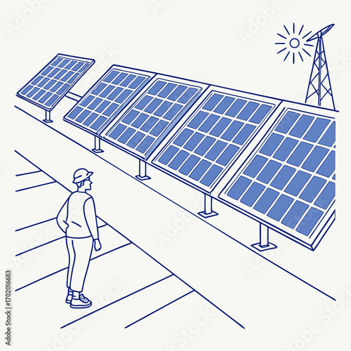 Illustration of a solar panel installation with a worker inspecting the panels, the panels are angled to capture sunlight, providing clean electricity