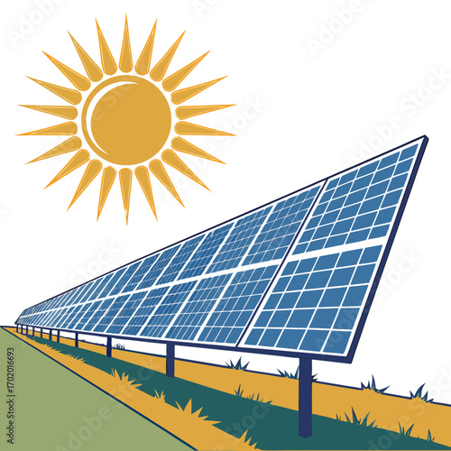 Illustration of a solar panel array with the sun, symbolizing renewable energy and sustainable power generation for a cleaner environment and future