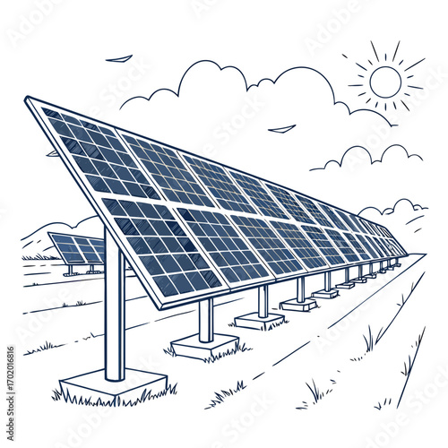 Illustration of a solar panel farm with a sun and clouds in the background, showcasing sustainable energy and environmental consciousness