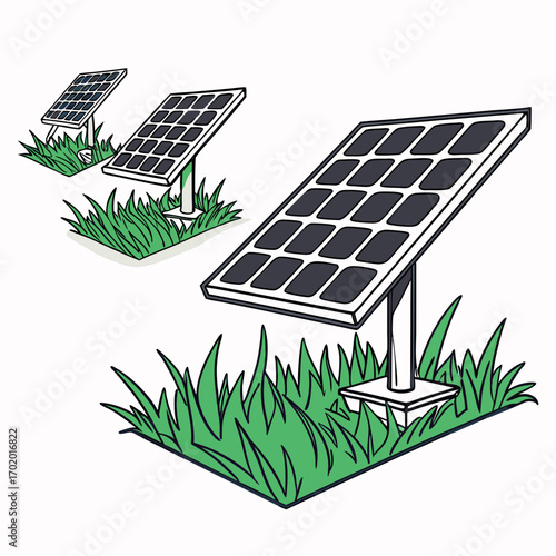 Illustration of solar panels in grass, highlighting sustainable energy solutions and environmental responsibility