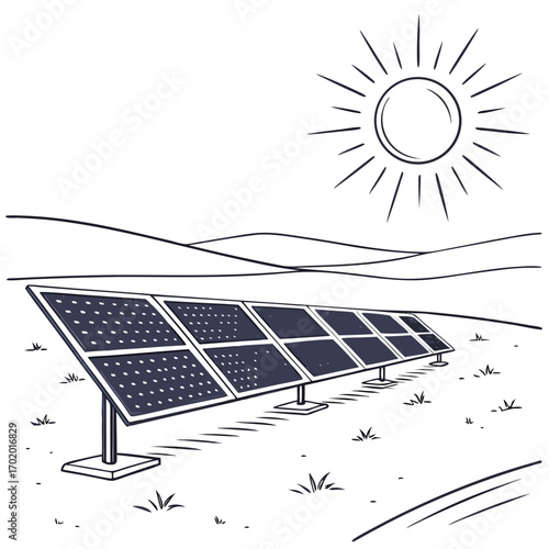Illustration of solar panels under the sun in a field, showcasing sustainable energy and environmental consciousness