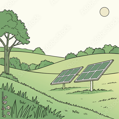 Illustration of solar panels in a green field with a tree and rolling hills, emphasizing ecofriendly energy and a harmonious natural landscape