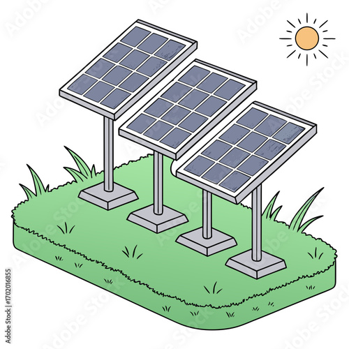 Vector art of isometric illustration of solar panels on a green field with a sun in the background, showcasing renewable energy, sustainability, and ecofriendly technology for clean power generation
