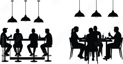 Silhouette of people sitting at bar counter and restaurant table, drinking, social gathering, friends conversation, nightlife scene, dining vector illustration design