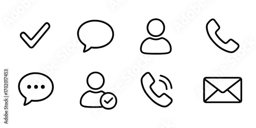 Set of eight communication icons on white background