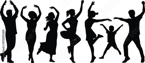 Silhouettes of joyful people dancing and celebrating together, expressing freedom, happiness, movement, family fun, energy, unity, and diverse emotions in black.