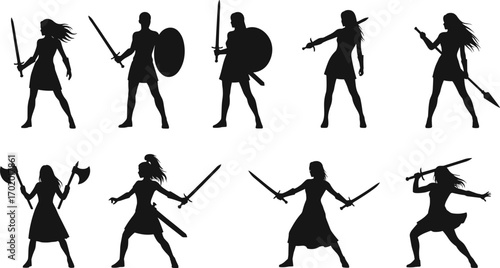 Silhouette of warrior women with swords, shields, axes, and spears, battle fighter female poses, medieval fantasy combat vector illustration