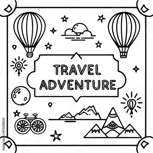 Adult coloring border with travel adventure theme hot air balloons mountains bicycle and sun 