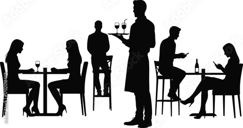 Silhouette people in restaurant drinking wine, waiter serving drinks, friends dining together, couple using smartphone, modern lifestyle, social gathering, evening illustration