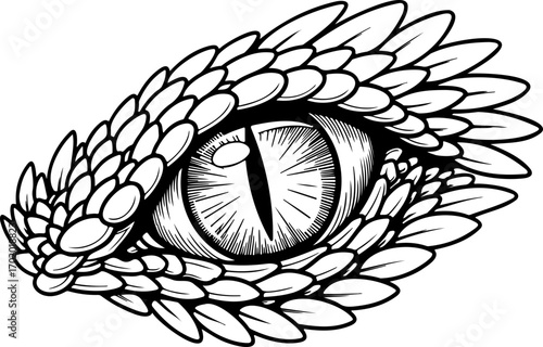 Intricate reptile eye vector illustration with detailed scales, captivating stare perfect for fantasy designs, gaming graphics, and mythical creature concepts art