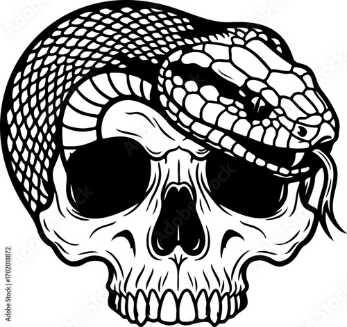 Striking skull entwined by a snake, a powerful emblem of mortality and transformation, perfect for edgy designs, tattoos, or gothic-themed projects originally a vector graphic