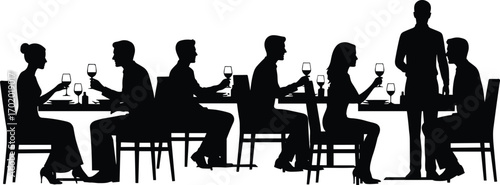 Silhouette people dining in restaurant with wine, couples sitting at table, waiter serving drinks, romantic dinner, social gathering, lifestyle illustration