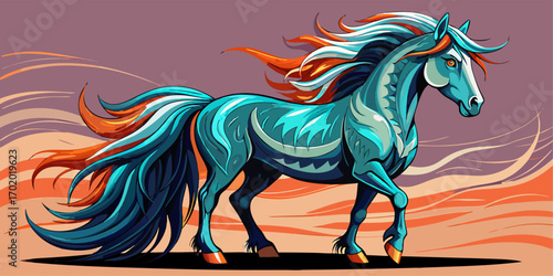 An illustration to support the idea. The stallion with its windblown mane creates a strong and impressive horse character with an elegant style.