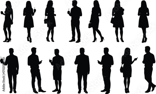 Silhouettes of men and women standing, business people vector, casual lifestyle characters, group of people poses, modern social interaction illustration