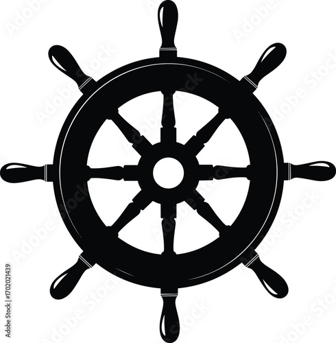 Vintage ship steering wheel silhouette, nautical helm vector illustration, marine navigation symbol, sailor control equipment, ocean sailing design, maritime art