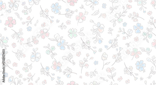Delicate, pastel-colored floral pattern on a white background.