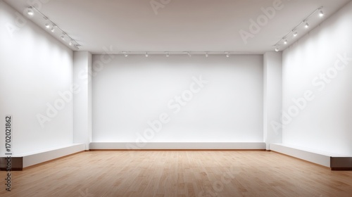 Clean Modern Gallery Interior with White Walls  Hardwood Flooring  and Adjustable Lighting System for Art Displays