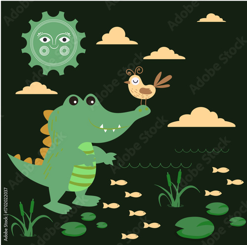 Wildlife background crocodile bird stylized sun icons decor