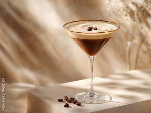 Espresso martini with coffee beans. Close-up photo of espresso martini with natural sunlight and soft shadows. Luxury, elegant, and minimalist aesthetic. Classic alcohol drink.
