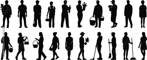 Silhouettes of people holding baskets, plants, cleaning tools, gardening, harvesting, houseplants, outdoor work, farm workers, seasonal chores, nature care, rural lifestyle, activity