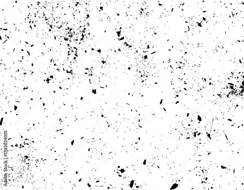 Fototapeta premium Abstract texture featuring a speckled pattern of black dots and splatters scattered across a white background, creating a distressed and grainy effect.