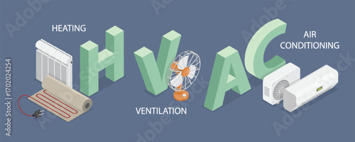 HVAC systems concept of heating ventilation air conditioning. 3d flat isometric vector illustration.