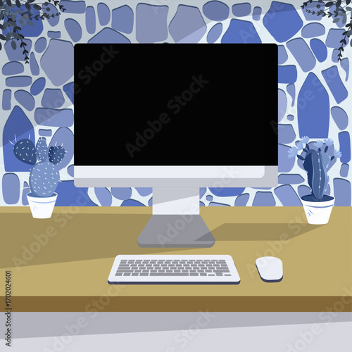 Workplace background computer screen keyboard mouse icons decor