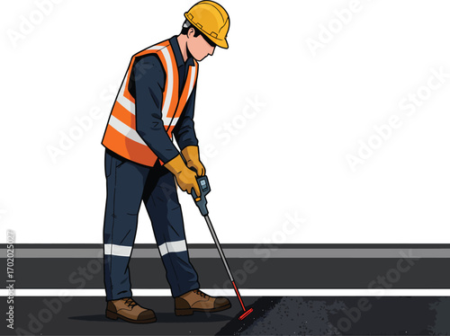 Construction worker in highvisibility vest and hard hat using a tool on asphalt.