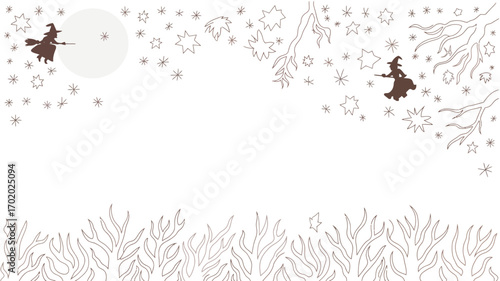 Witches flying on brooms with stars moon and trees in a halloween themed line art illustration