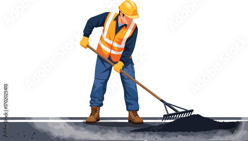 Construction worker in safety vest and hard hat raking asphalt.