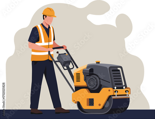 Construction worker operating a yellow and grey asphalt roller machine.