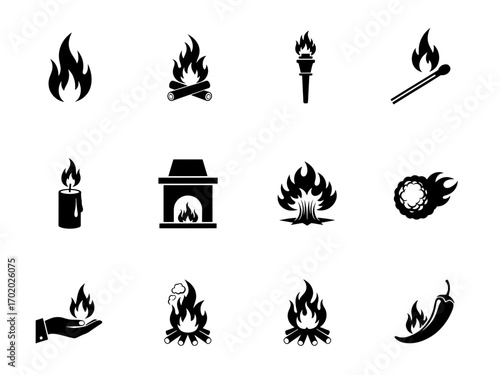 Fire and flame icons set bonfire campfire 1