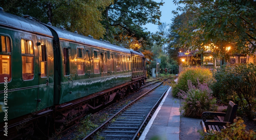 Fototapeta premium Evening at the Train Station: A Serene Railway Scene