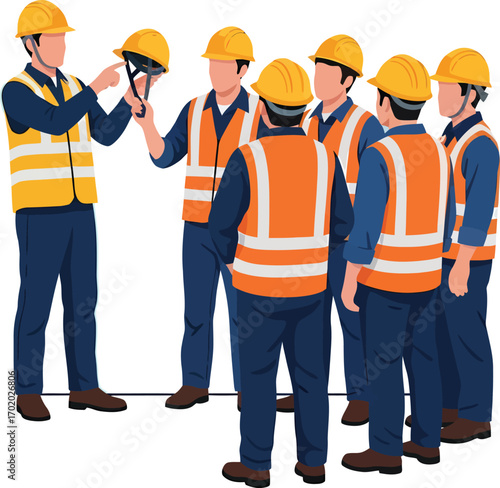 Construction workers in hard hats and safety vests receiving instruction.