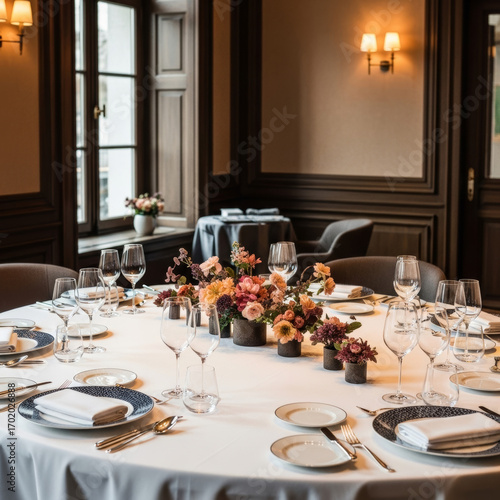 Dîner élégant dans une salle raffinée avec table décorée de fleurs et ambiance chaleureuse sophistiquée