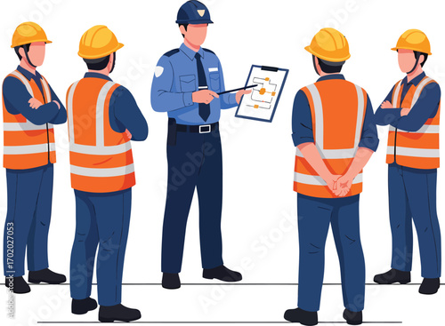 Construction workers receiving instructions from a supervisor on a blueprint.