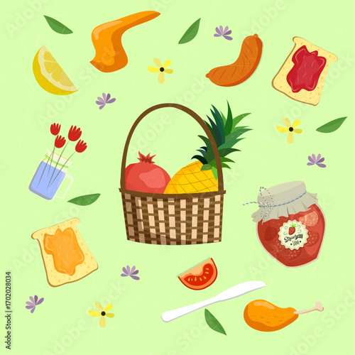 Food background basket fruit jam sausage icons decor