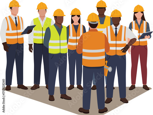 Diverse Construction Crew in Safety Gear Discussing Plans.