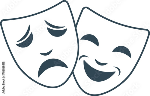 Minimalist Outline Dual Theatrical Masks Depicting Comedy and Tragedy Icon