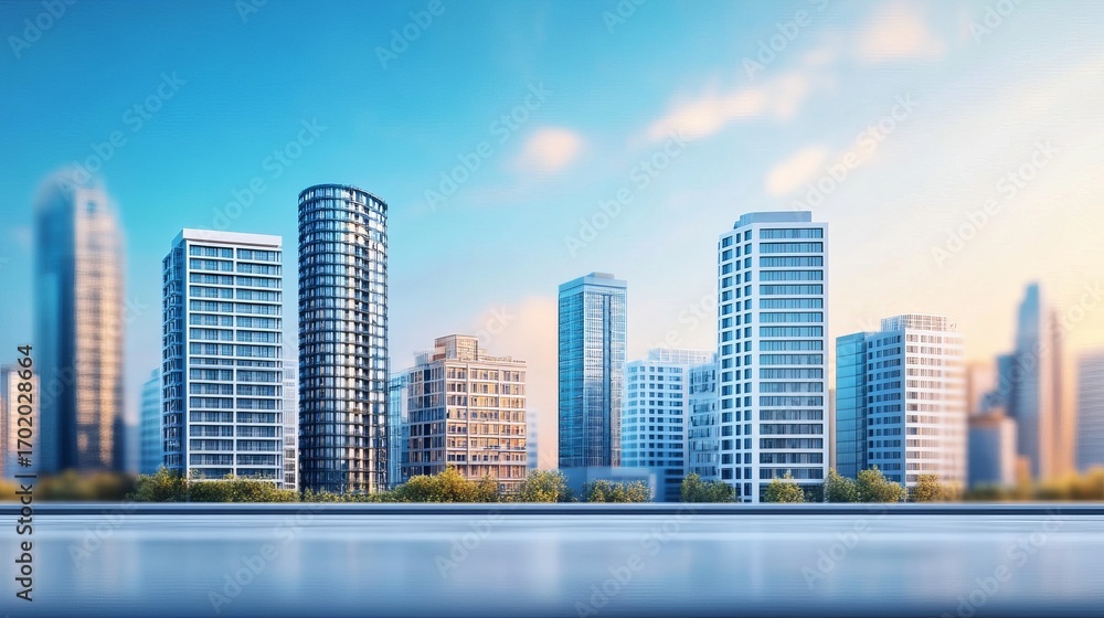 Fototapeta premium Modern city skyline at dawn, with tall buildings and a paved road in the foreground