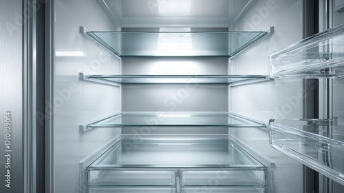 Clean Empty Refrigerator Interior with Glass Shelves, Modern Design, and Bright Illumination for Food Storage