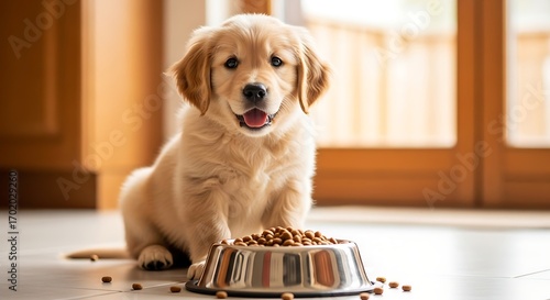 Adorable Golden Retriever Puppy Eating Food.
