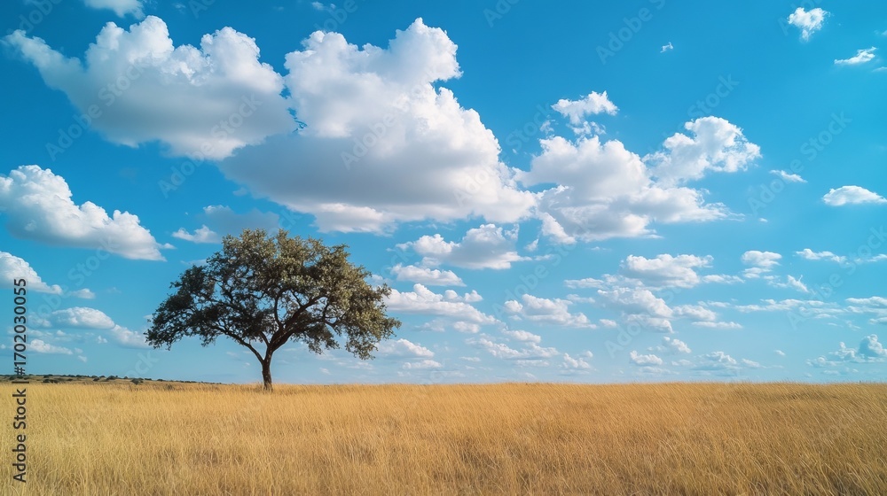 Fototapeta premium Solitary tree on a golden field under a vast blue sky