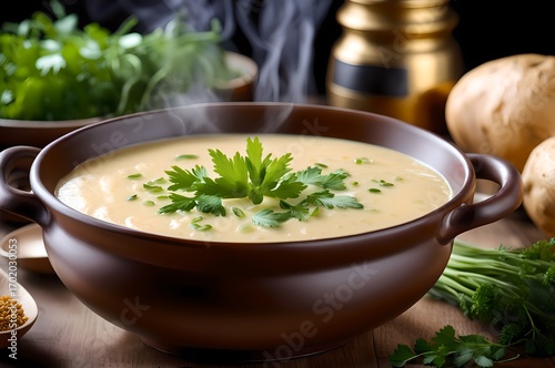 creamy potato soup on wooden plate with parsley
