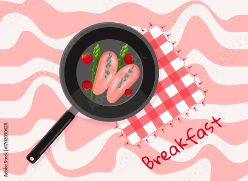 Breakfast, frying pan with turkey, tomatoes and asparagus, rosemary, decorated with a napkin, retro background, groove style, vector illustration, for packaging, cards and graphic design.