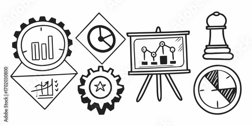 Hand drawn doodle illustration of business strategy elements including charts gears and a chess piece icon