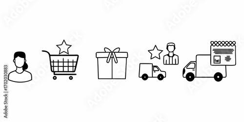 Illustration of a woman shopping cart gift delivery truck and calendar in black and white outline style